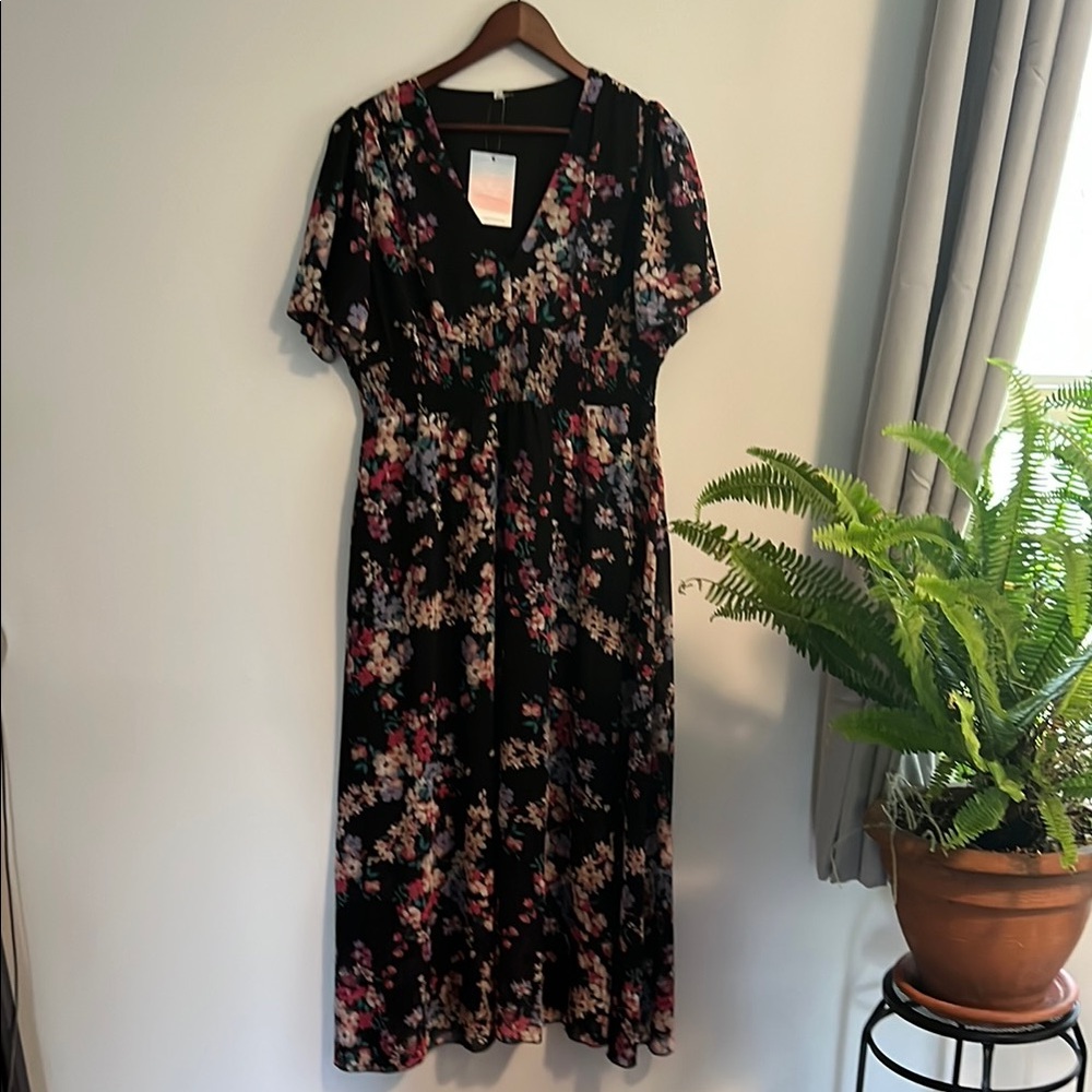 Maxi Floral Black Dress Empire Waist
